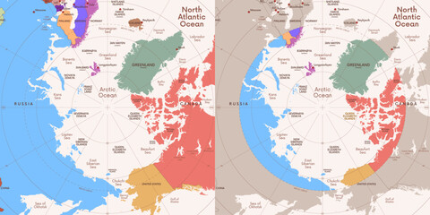 Colored political map of the Arctic Ocean region with countries and capitals within the Arctic Circle, geographic location of the Earth North Pole, vector map with latitude and longitude © max_776