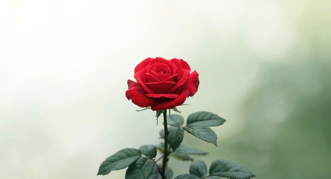 Red rose flower fully open on a garden rose bush in summertime with a diffuse soft white backdrop