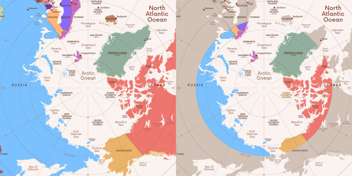 Colored political map of the Arctic Ocean region with countries and capitals within the Arctic Circle, geographic location of the Earth North Pole, vector map with latitude and longitude