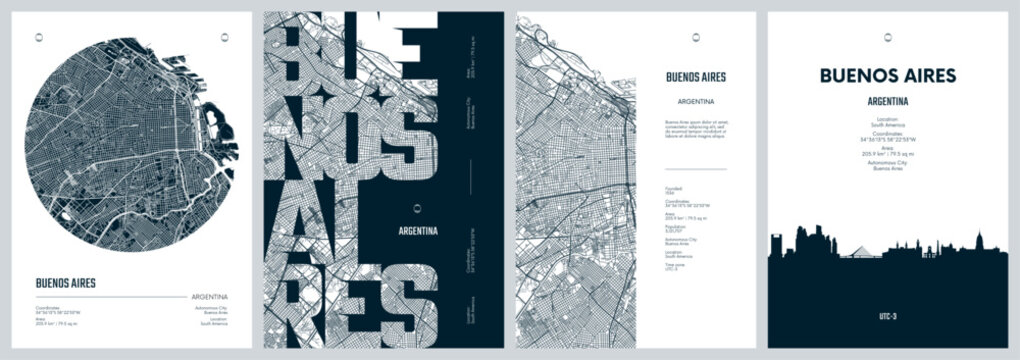 Set of travel posters with Buenos Aires, detailed urban street plan city map, Silhouette city skyline, vector artwork