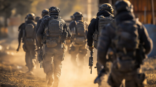 Military unit advancing along a dusty arid track during a mission, soldiers in formation with gear and weapons demonstrating teamwork, readiness, resilience and tactical focus