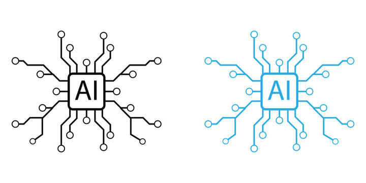 Artificial intelligence icon, sign, logo in the circuit line style. AI processor vector icon flat design. Motherboard digital chip AI. Machine learning design