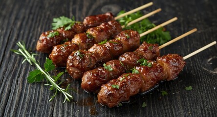 Appetizing grilled meat skewers with marinade and fresh herbs arranged on a black wooden surface