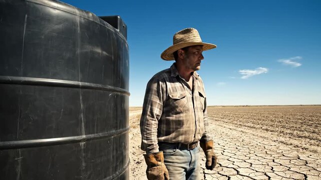 A weary farmer stands beside an empty water tank in a parched field, contemplating the effects of ongoing drought.