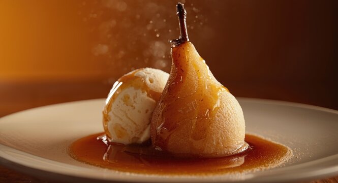 Sumptuous ice cream and poached pear dish finished with a spiced syrup drizzle