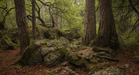 Obraz premium Natural rugged forest scene blending large stones with thick tree trunks