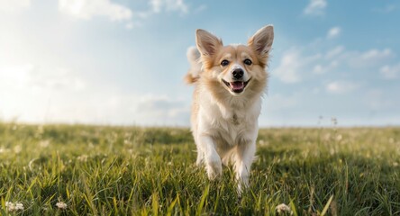 Serene pet enjoying playful moments on a lush green grass lawn under a bright summer sky in full length view