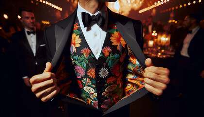 A tuxedo with a bold printed silk waistcoat, Ai generated image