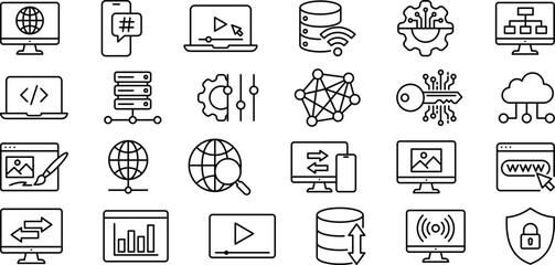Network & Technology Line Icon Set. Collection of digital infrastructure and computing icons. Including cloud computing, database, server, encryption key, and more. Editable stroke