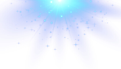 Bright turquoise glowing star with sharp and soft rays, sparkling light effects and dust, isolated PNG.