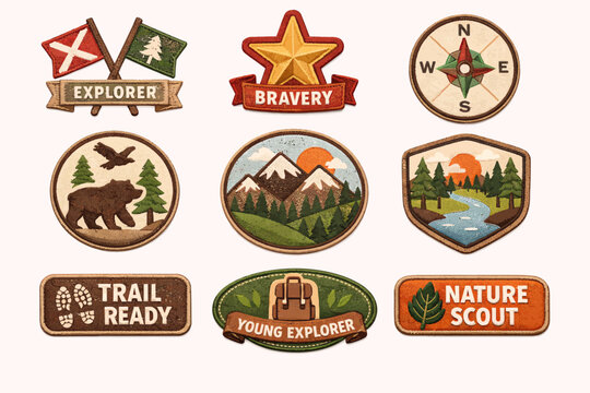 A collection of vintage-style scout and explorer badges featuring nature, wildlife, mountains, and adventure themes.