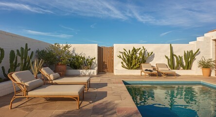 Relaxing poolside seating with rattan chairs and white block walls surrounded by cacti