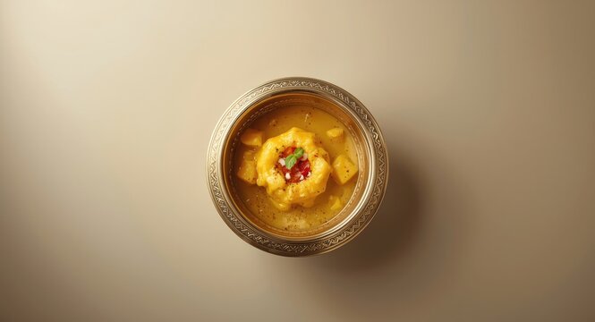 Traditional brass bowl with Onam payasam captured in top view