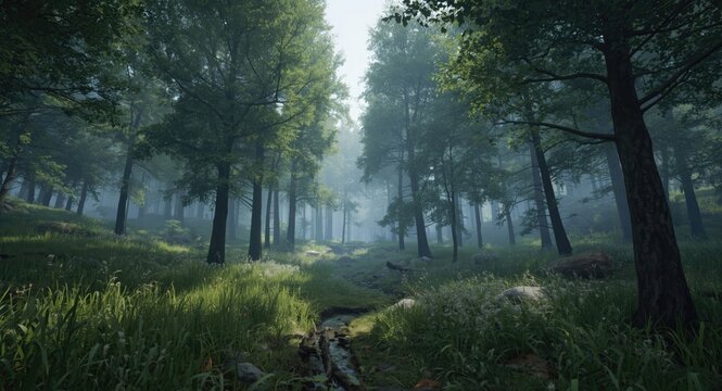 Realistic and fantastic digital forest scene for video game use