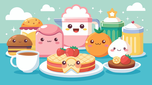 Cute Kawaii Breakfast Food Characters Vector &ndash; Cartoon Pancake, Burger and Drinks Illustration