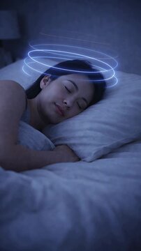 Woman sleeping at night with soft blue light halo above head representing healthy sleep cycle and relaxation concept.