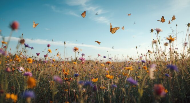 Peaceful landscape where colorful wildflowers bloom and butterflies hover under a crisp blue sky