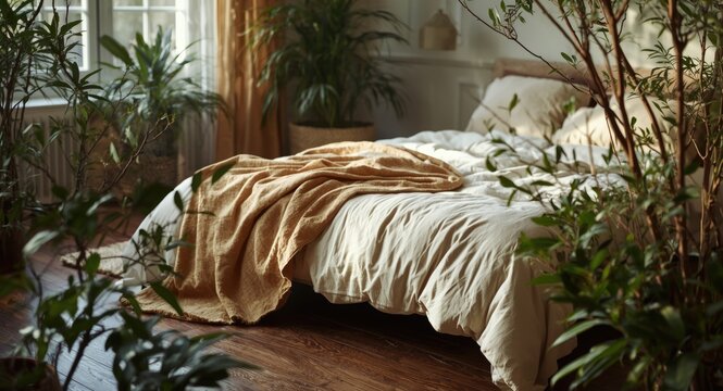 Relaxing bedroom scene with cushy bed, soft linens, warm coverlet on elegant hardwood floor and potted greenery