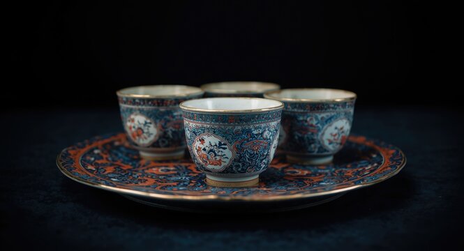 Softly blurred photographic view of Japanese antique imari ware on a decorative plate set against a black background