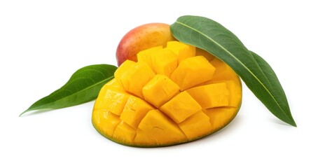 Whole and cubed mango with tropical green leaves highlighting freshness isolated on white background