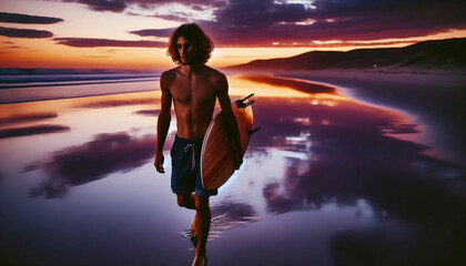 A 1960s surfer carrying his board at dusk, Ai generated image