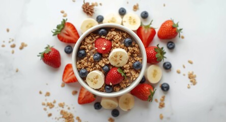 Top down view of a healthy vegetarian breakfast featuring granola and fresh fruits on a white background
