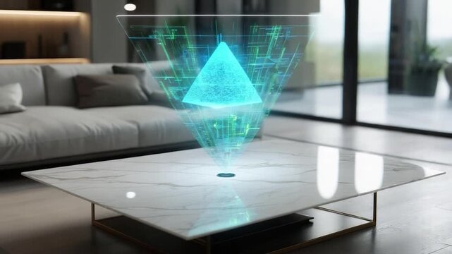 Futuristic concept a hologram triangle floats above a marble table in a modern living space
