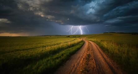 Fototapeta premium Stormy lightning bolts light up a countryside dirt path with fields