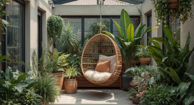 Stylish interior patio including a cozy hanging chair and diverse plant collection