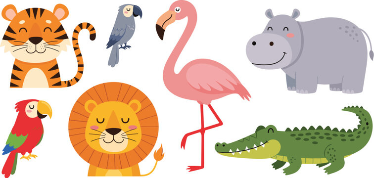 Cute cartoon wild animal head and character set featuring lion tiger hippo flamingo crocodile and exotic parrots isolated on white background