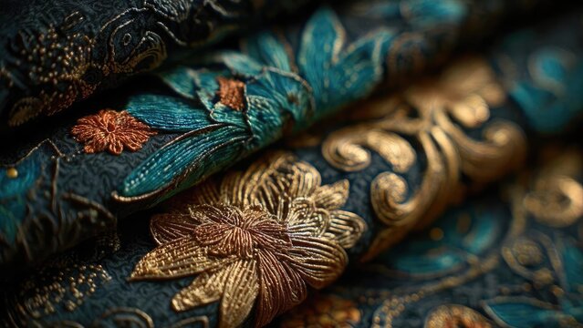 Close-up of teal and gold embroidered brocade fabric with intricate floral patterns. Concept Teal and gold embroidered brocade, Intricate floral patterns, Luxurious textile close-up
