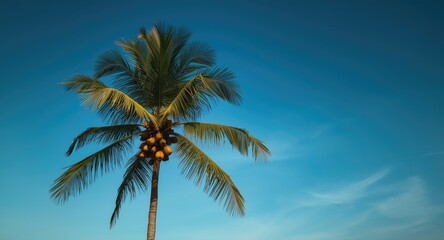 Fototapeta premium Lush coconut palm tree with ripe coconuts highlighted by a cloudless deep blue sky