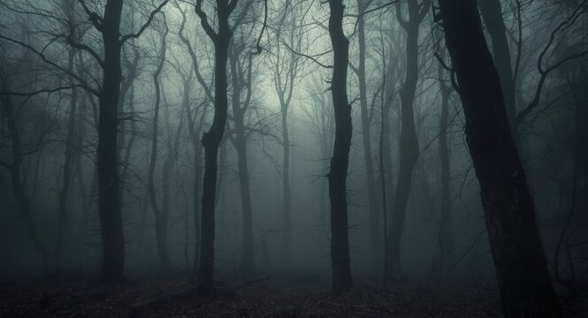 Mysterious haunted forest with dense fog and eerie atmosphere