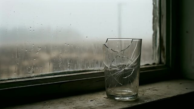 ひび割れたガラスのコップが映す孤独と静寂の感情表現