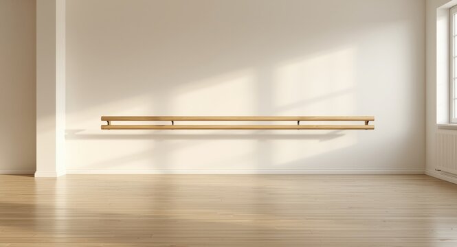Inviting dance practice room with natural wood barre and light wall tones