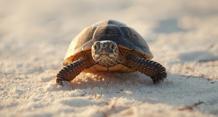 Fototapeta premium Delighted turtle pet making its way over white beach sand with summer warmth