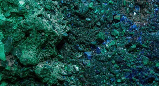 Extreme close up of mineral stones malachite and azurite textures on white background