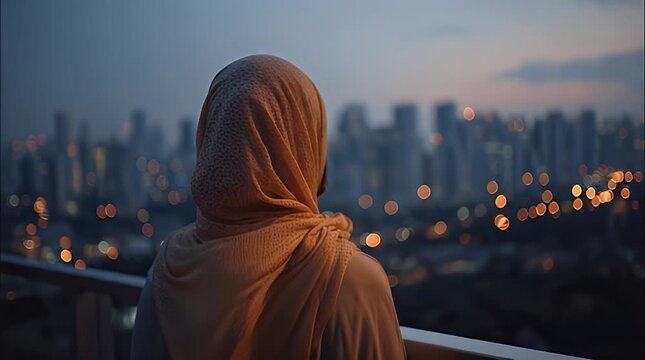 Woman in Hijab Overlooking Cityscape at Dusk.