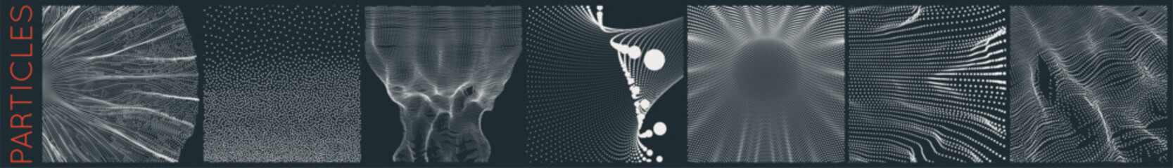 An array with dynamic particles. Texture. Tunnel. Scientific or technological background. Grid. Water splash imitation. Big data. Black and white. 3D vector for brochure, poster, flyer, cover, banner.