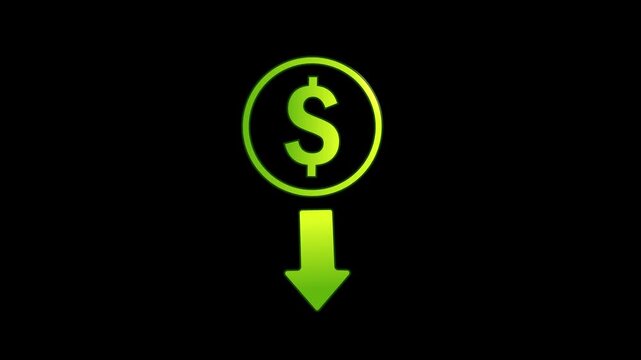 Green Dollar Icon With Downward Arrow Representing Financial Loss, Market Decline, Economic Downturn Or Decreasing Revenue.