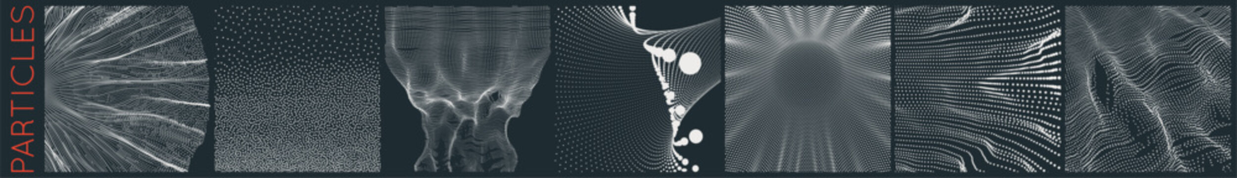 An array with dynamic particles. Texture. Tunnel. Scientific or technological background. Grid. Water splash imitation. Big data. Black and white. 3D vector for brochure, poster, flyer, cover, banner.