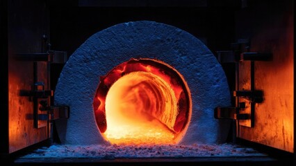 Fototapeta premium Inside a large industrial furnace, a circular tunnel glows orange with molten material