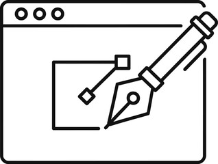 Simple line icon of a pen nib editing a digital document on a computer screen.