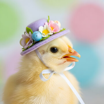 Adorable Easter chick wearing a purple hat with flowers and eggs