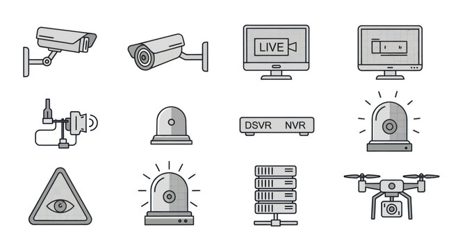 Security System Icons: Cameras, Monitors, Drone, DVR, NVR, Siren, Surveillance