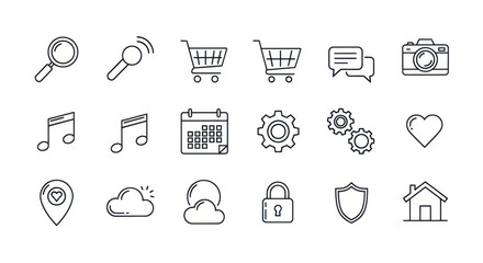 Fototapeta premium Set of Line Icons: Search, Microphone, Shopping Cart, Chat, Camera, Music, Calendar, Gears, Heart, Location