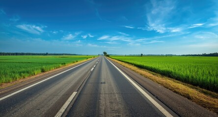 Fototapeta premium Panoramic view of a highway with fresh asphalt beside lush green rice paddies
