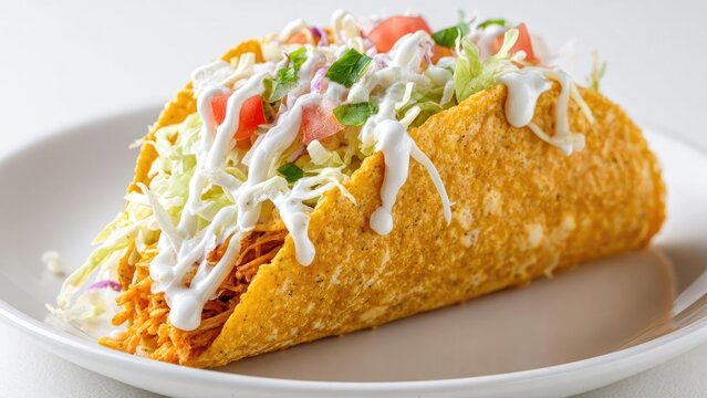 Crispy hard-shell taco filled with seasoned shredded chicken, lettuce, tomatoes, and a drizzle of sour cream. Concept Crispy hard-shell tacos, Seasoned shredded chicken filling