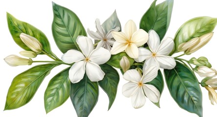 Obraz premium Springtime jasmine flowers with leaves hand painted in watercolor for postcard and packaging