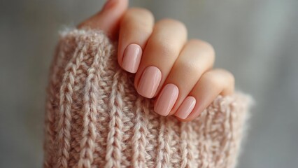 A hand with pale pink glossy nails resting on a soft beige knitted sweater. Concept Pale pink glossy nails, Soft beige knitted sweater, Close-up hand pose, Minimalist manicure, Cozy fashion detail